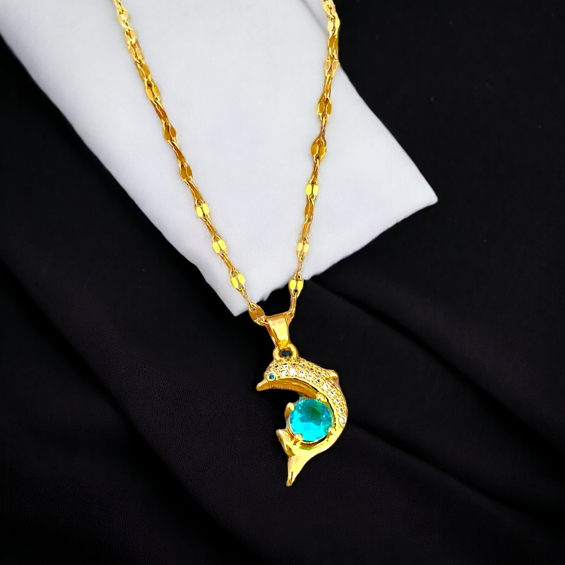 Edellz: Edelstahl Delfin-Halskette mit blauem Zirkon-Edelstein