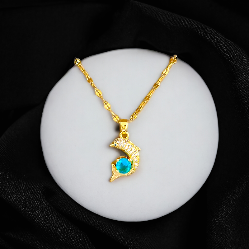 Edellz: Edelstahl Delfin-Halskette mit blauem Zirkon-Edelstein